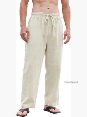 Men's Cotton Linen Relaxed Fit Drawstring Pants Casual Summer Trousers